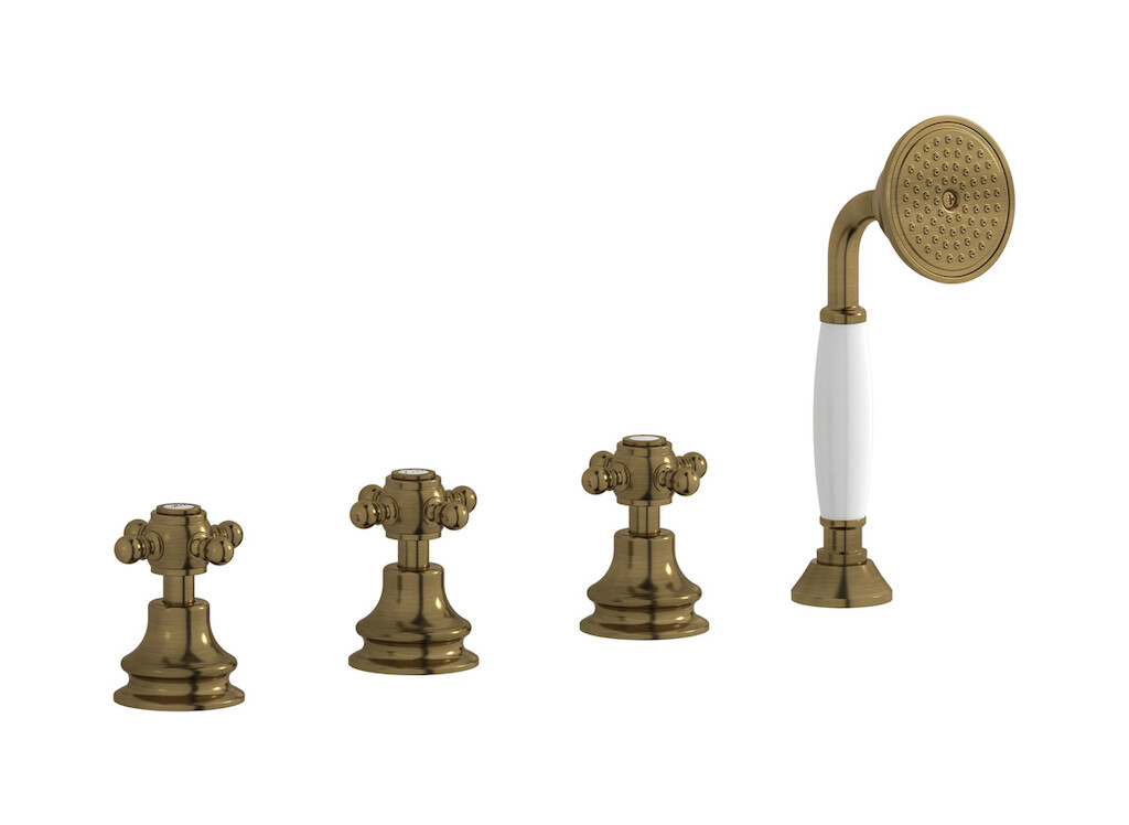 Смеситель на бортик ванной на 4 отверстия с изливом, дивертером и душевым гарнитуром. WE ARE IB hr397bb Antique Bronze Hermes