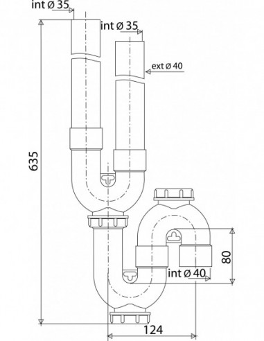 802400 093 00  Сифон для стиральной машины с двойным входом, выходное отверстие вертикальное Д. 40 мм, 2 сливные пробки, серый ПВХ Valentin Серый  - Вид №2