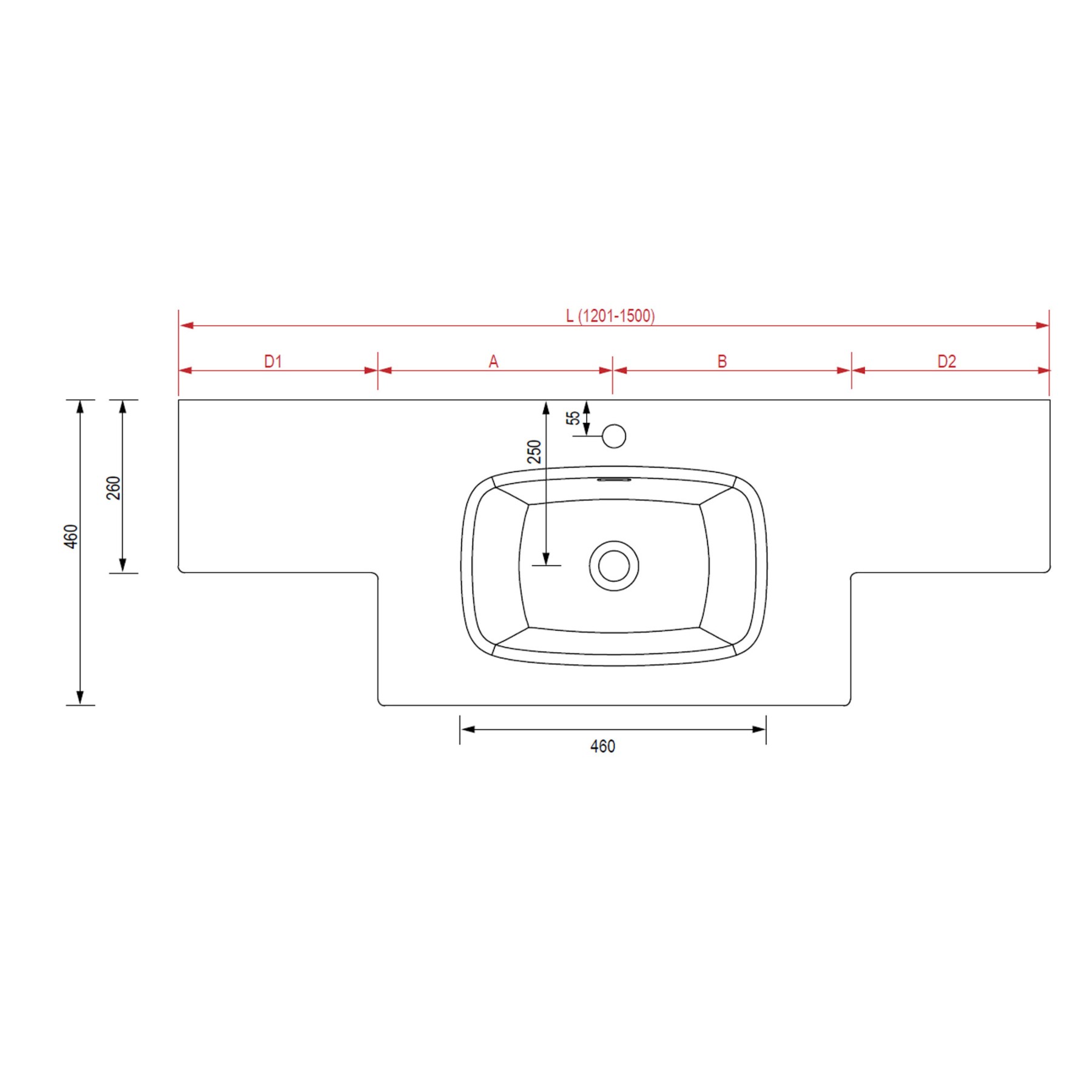 87984 SALGAR Твердая поверхность раковины на заказ, две разные глубины, без ловушки для бутылок и сливного поддона 46 см 1201-1500 x 12 x 460 мм  - Вид №1