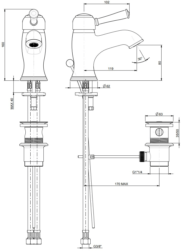 Rubinetterie Frattini Смеситель для раковины, однорычажный, со сливом Morgan p sun-id-1483315 - Вид №1