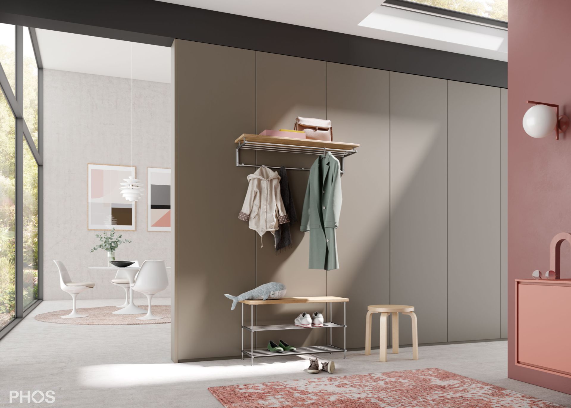 G17-500-Eiche Навесной шкаф g17, узкий, с 4 платяными штангами, 5 крючками и деревянной полкой из массива дуба - ширина 55 см PHOS  - Вид №1