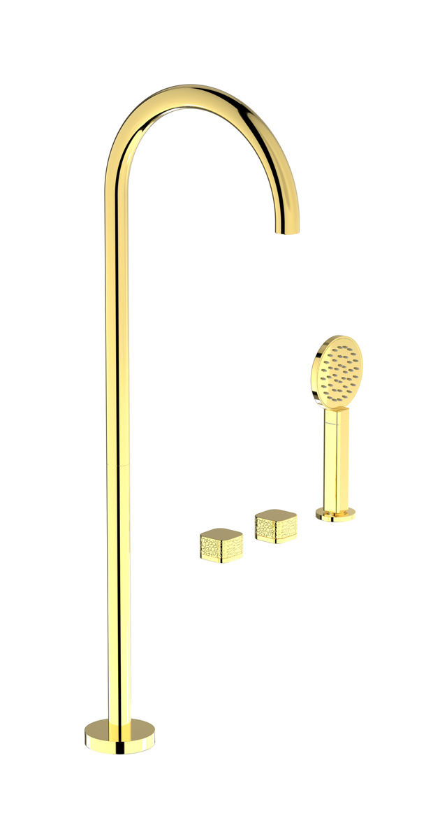 "Смеситель на бортик ванной на 3 отверстия с изливом, дивертером и душевым гарнитуром - Напольный излив для раковины" WE ARE IB eo700oo_2 Gold Elio