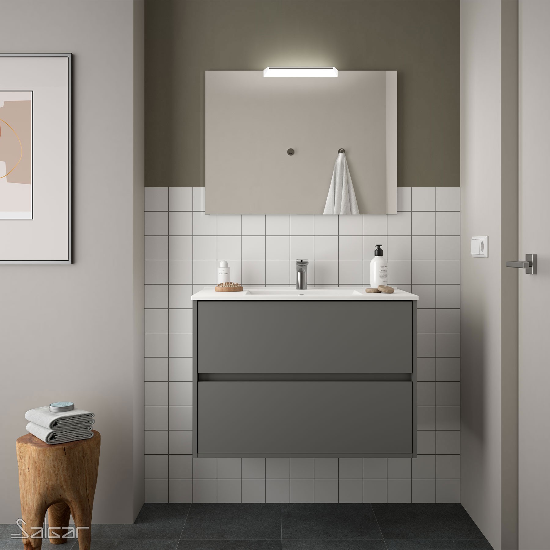 85042 SALGAR Комплект мебели для ванной NOJA 800 MATT GREY + Раковина + Зеркало + Свет Мэтт Грей