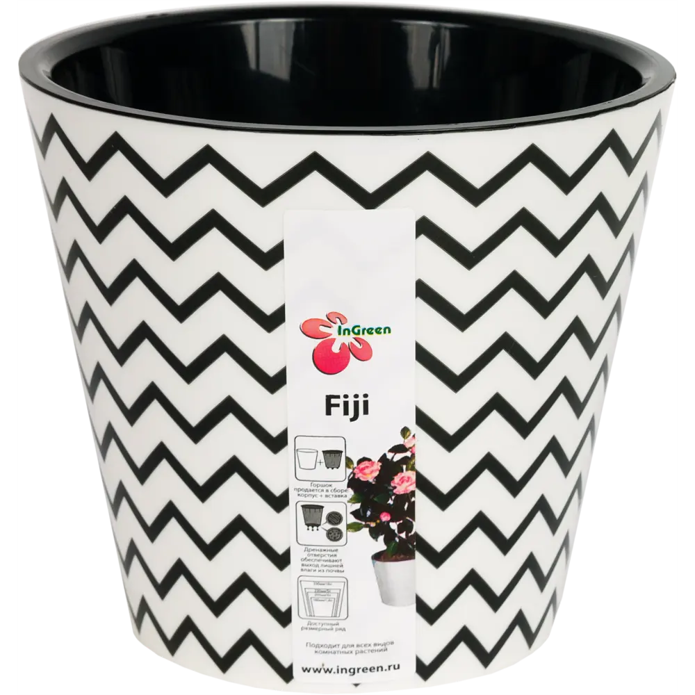 Горшок цветочный Ingreen Фиджи Зигзаг ø16 h14.5 см v1,6 л пластик чёрный/белый STLM-2125605 - Вид №1
