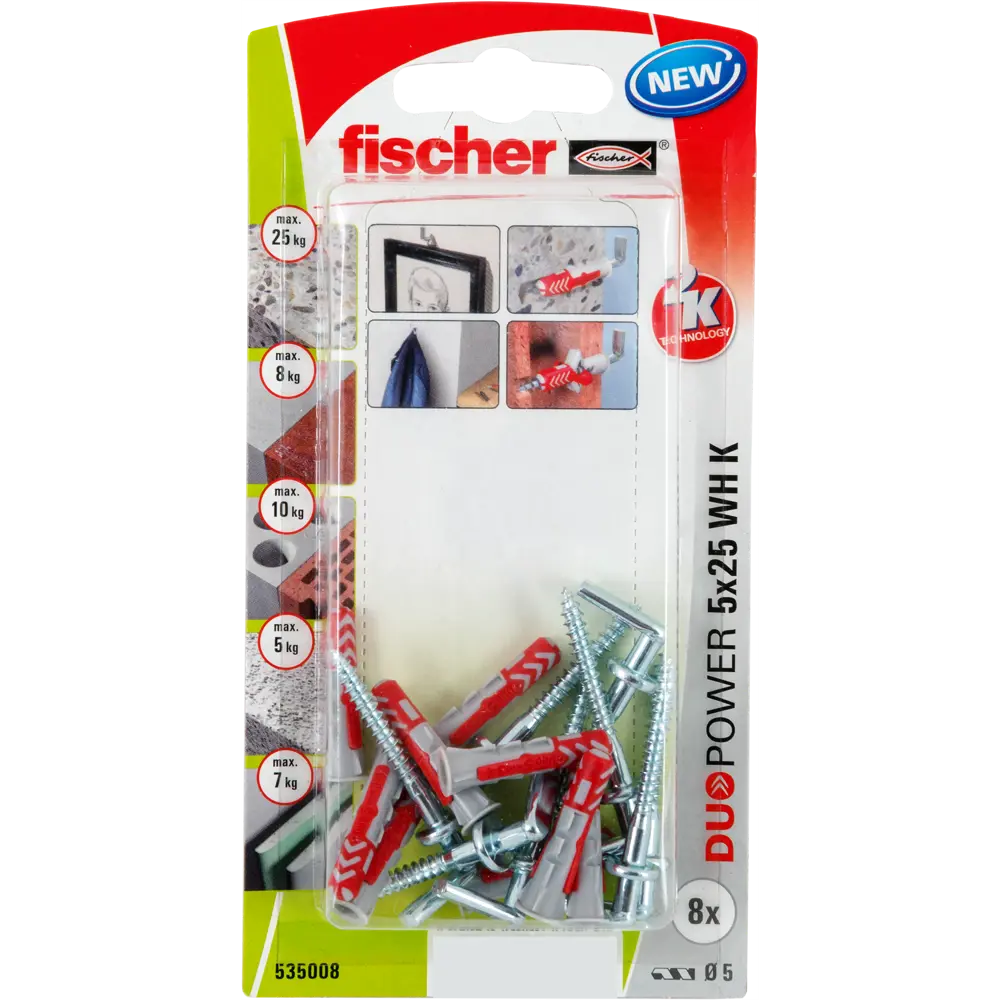 Дюбель для всех типов стен DuoPower 5x25 мм крюк прямой цвет серый/красный 8 шт FISCHER STLM-2105276 - Вид №2