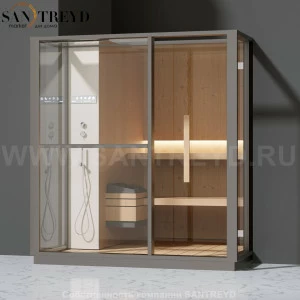 Effegibi LOGICA S LO20010012 Сауна. Установка: в полунишу. Левая дверь. Мощность: 6 кВт макс. Размеры: длина 214 см, ширина 250 см. Отделка: канадский хемлок, матовый лакированный серый аллюминий и бежевый ламинат из керамогранита.