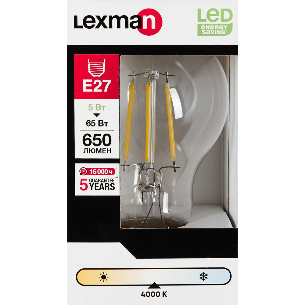 LEXMAN LED лампа E27 груша прозрачная 5Вт нейтральный свет 82991666 STLM-1387680 - Вид №3