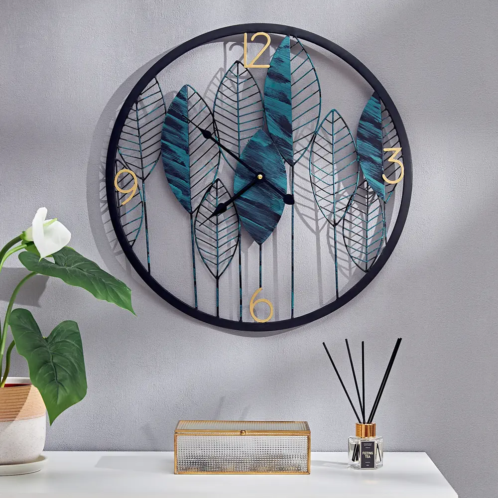Часы настенные Dream River Листья GH61184 круглые металл цвет сине-зеленый бесшумные ø50 Осень STLM-2003296