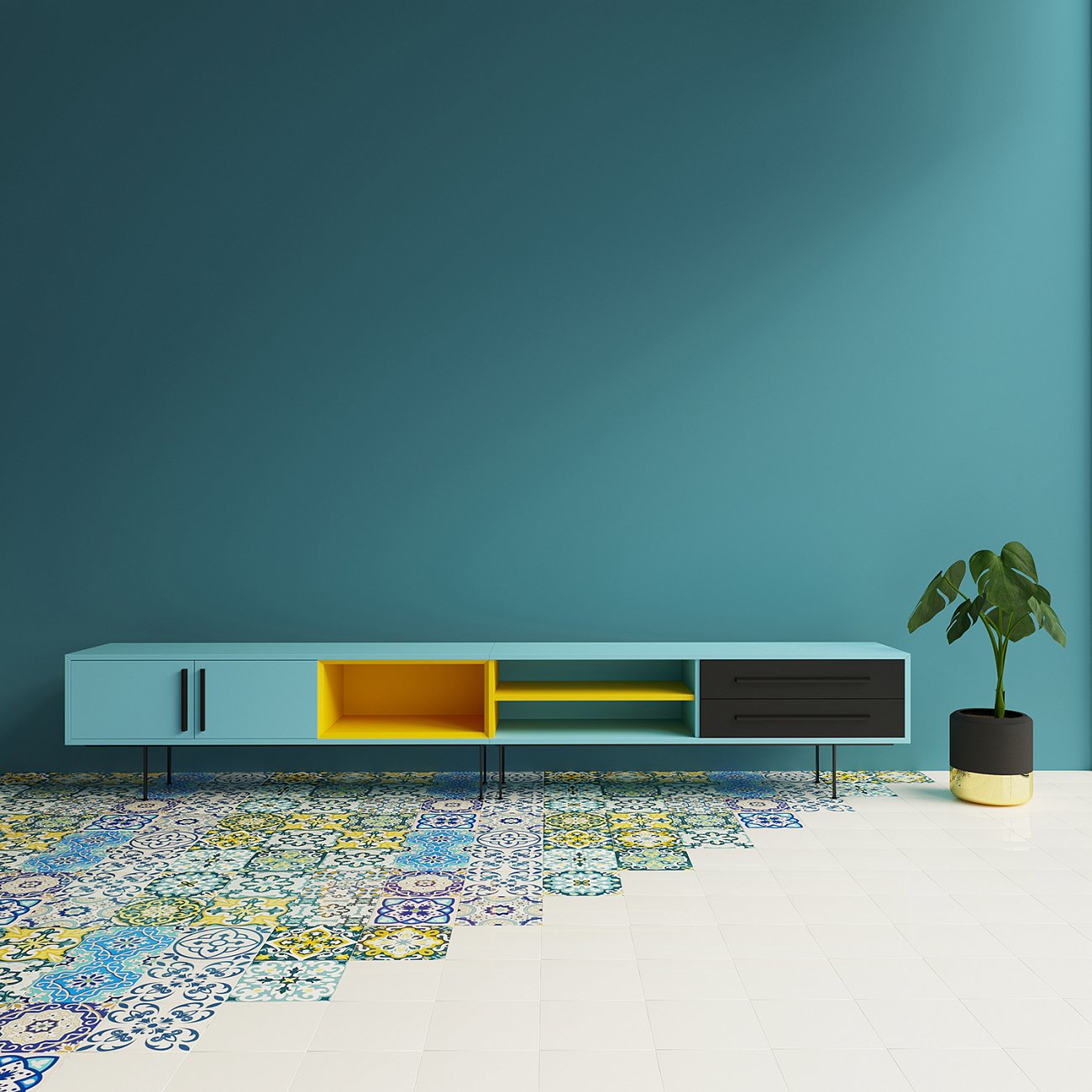 Тумба под телевизор с двумя ящиками 53х276 см бирюзовая Slim BRAGIN DESIGN TUBE 00-3862369 Голубой;желтый - Вид №1