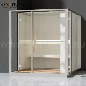 Effegibi LOGICA H LO30020013 Хаммам. Установка: в левый  полуугол. Правая дверь. Мощность: 4,5 кВт макс. Размеры: длина 214 см, ширина 250 см. Отделка: матовый лакированный белый аллюминий и серый ламинат из керамогранита.