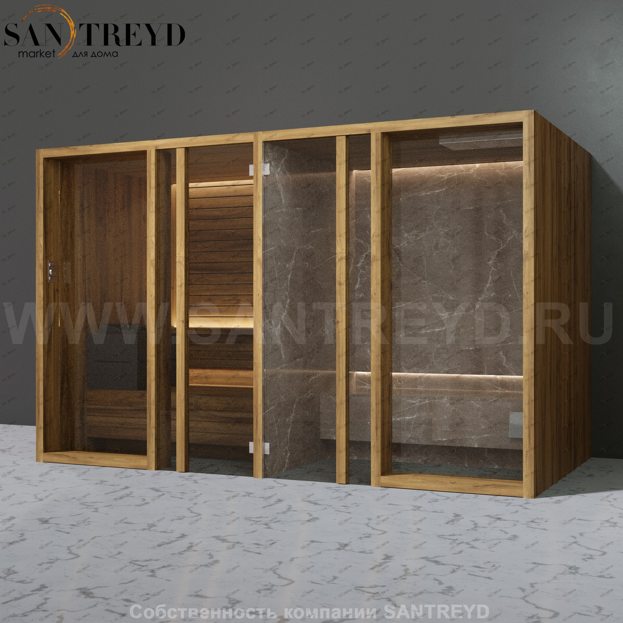 Effegibi YOKU.G SH YO.30220004 Комбинированная баня: хаммам и сауна. Установка: к стене Мощность: 10,5 кВт макс. Размеры: длина 342 см, ширина 170 см. Отделка: термообработанное дерево и темный керамогранит YO30220004