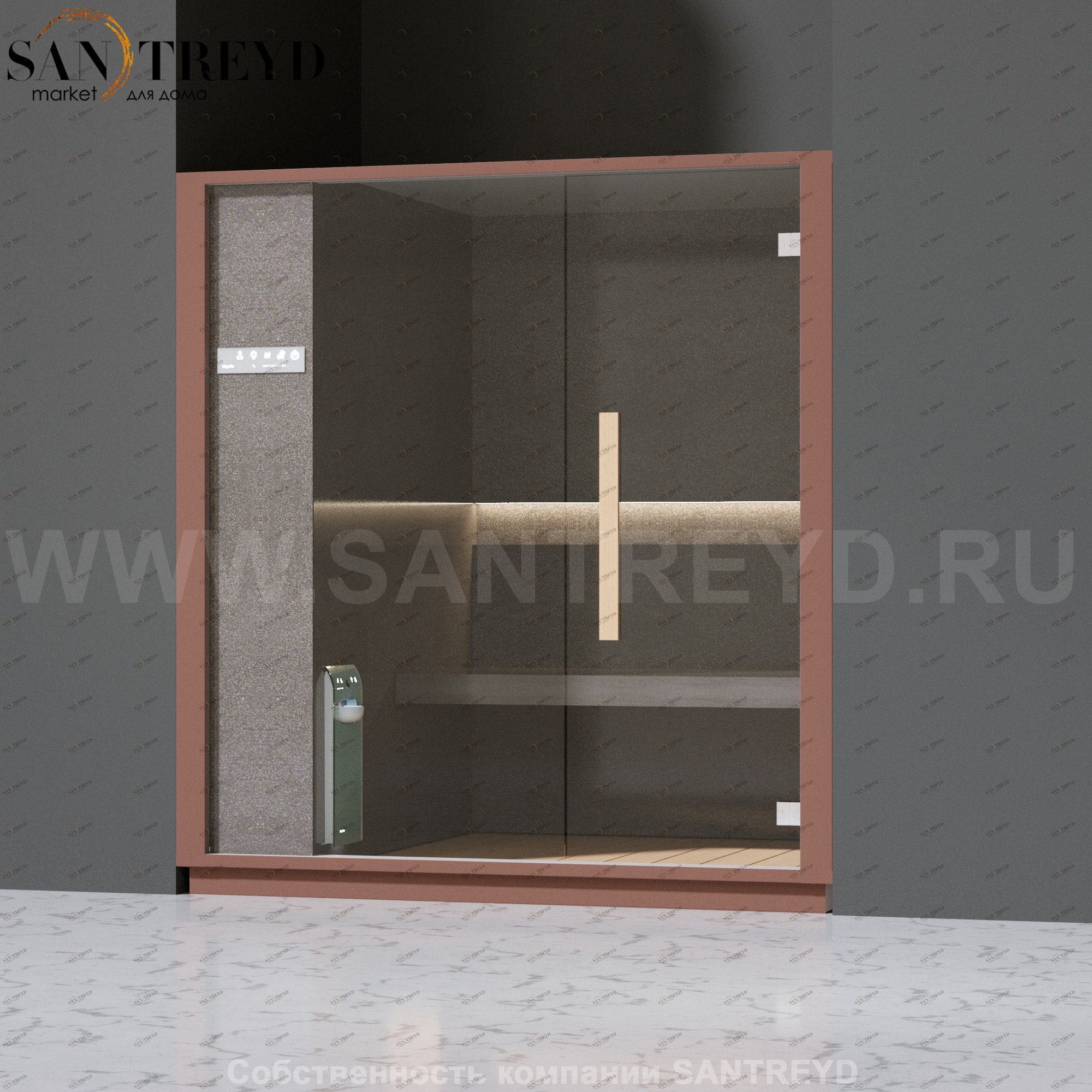 Effegibi ONE H LO60030010 Хаммам. Установка: в нишу. Левая дверь. Мощность: 4,5 кВт макс. Размеры: длина 214 см, ширина 171 см. Отделка: матовый лакированный коричневый аллюминий и темный ламинат из керамогранита.