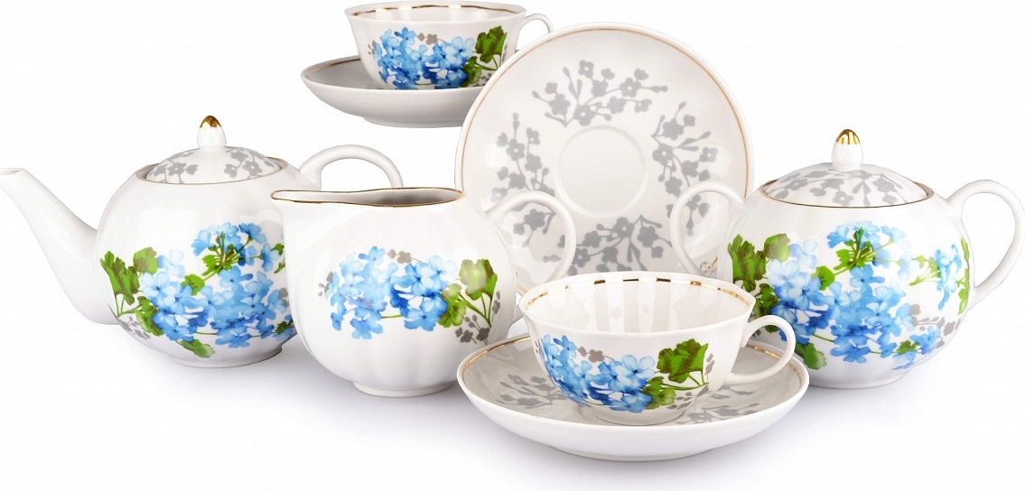 10634522 Дулевский фарфор Сервиз чайный 6/15 "Тюльпан" "Голубая герань" Фарфор 