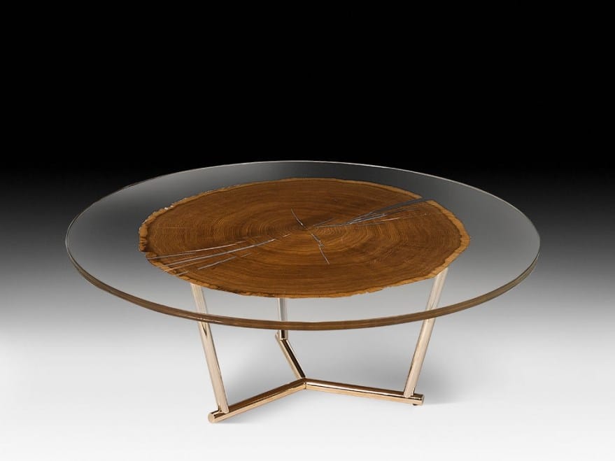 Низкий круглый журнальный столик из дерева и стекла Vgnewtrend ARCH-00121342 - Вид №1