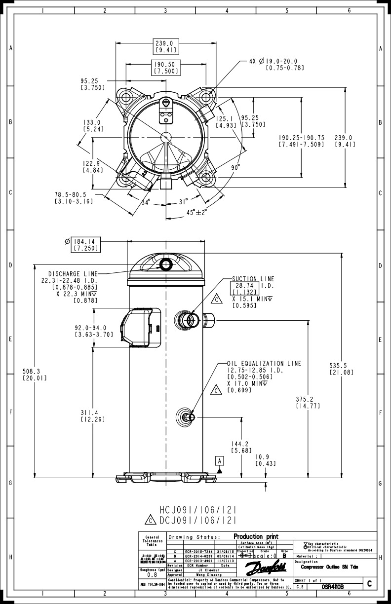 Danfoss DCJ — Герметичные спиральные компрессоры, R401A DCJ121T4LC8 Компрессор спиральный 121L5042  - Вид №11