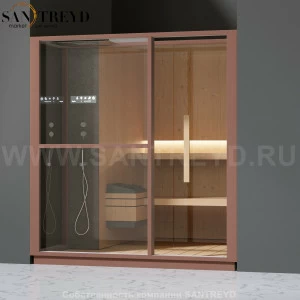 Effegibi LOGICA S LO20030010 Сауна. Установка: в нишу. Левая дверь. Мощность: 6 кВт макс. Размеры: длина 214 см, ширина 250 см. Отделка: канадский хемлок, матовый лакированный коричневый аллюминий и темный ламинат из керамогранита.