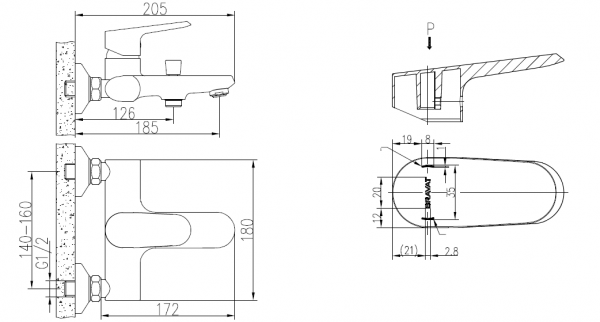 Смеситель для ванны короткий излив PURE F6105161C-01 bravat - Вид №1