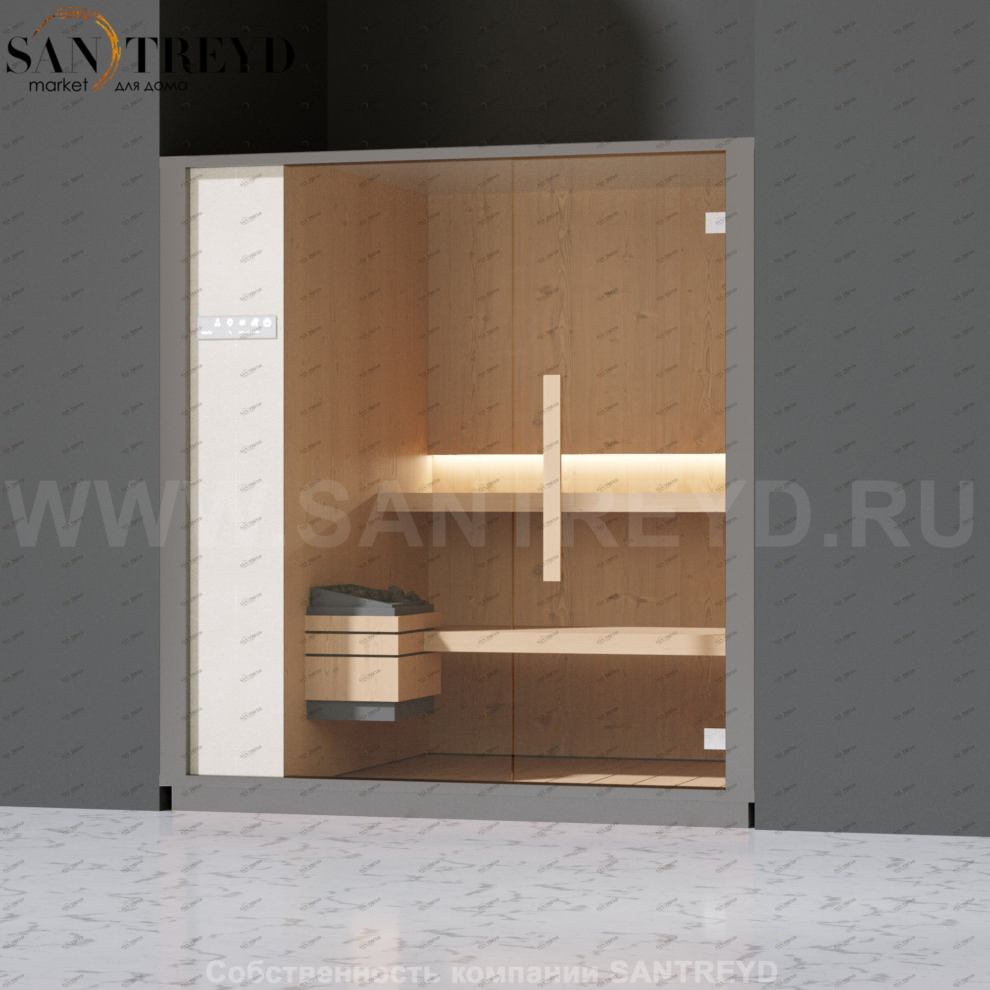 Effegibi ONE S LO50010010 Сауна. Установка: в нишу. Левая дверь. Мощность: 6 кВт макс. Размеры: длина 214 см, ширина 171 см. Отделка: канадский хемлок, матовый лакированный серый аллюминий и бежевый ламинат из керамогранита.