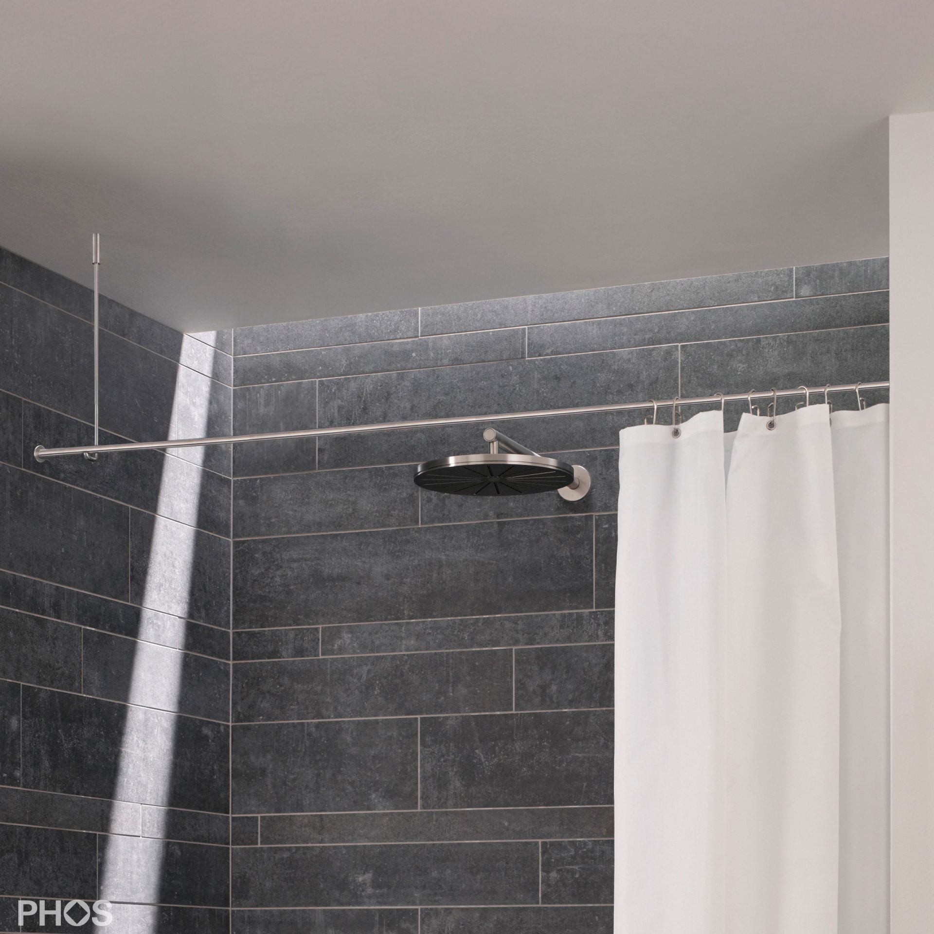 DSN12-DW-2 Карниз для душевой занавески ø12 мм с потолочным подвесом и настенным шурупом от 100 до 160 см - на заказ PHOS 