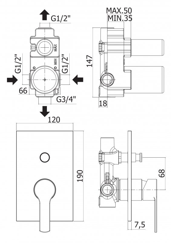 Встраиваемый смеситель для душа с переключателем CEZARES OVEST-VDIM-01  - Вид №1