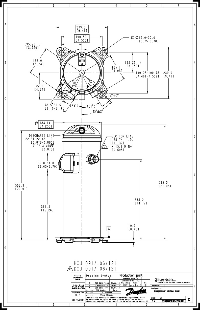 Danfoss DCJ — Герметичные спиральные компрессоры, R401A DCJ106T4LC8 Компрессор спиральный 121L5036  - Вид №9