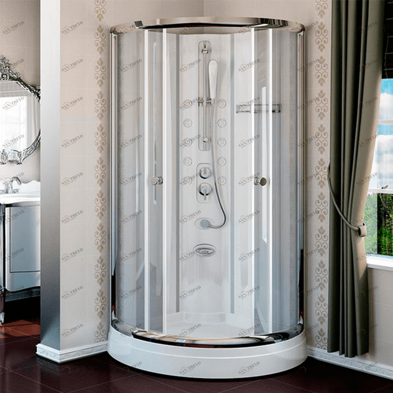 Душевая кабина "Паола 2 ЛЮКС", стеклянные шторки (прозрачные), профиль хромированный, поддон на раме-подставке с устройством слива, боковые стенки, стойка без гидромассажа (смеситель, излив, душевая лейка), стеклянная полочка Radomir 1052000580