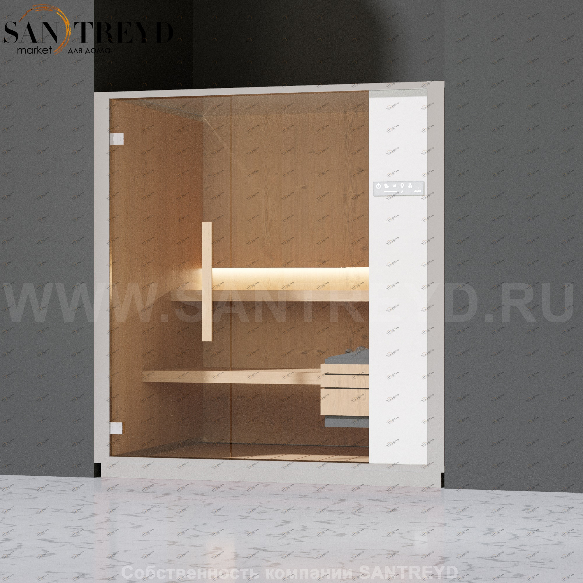 Effegibi ONE S LO50020009 Сауна. Установка: в нишу. Правая дверь. Мощность: 6 кВт макс. Размеры: длина 214 см, ширина 171 см. Отделка: канадский хемлок, матовый лакированный серый аллюминий и бежевый ламинат из керамогранита.