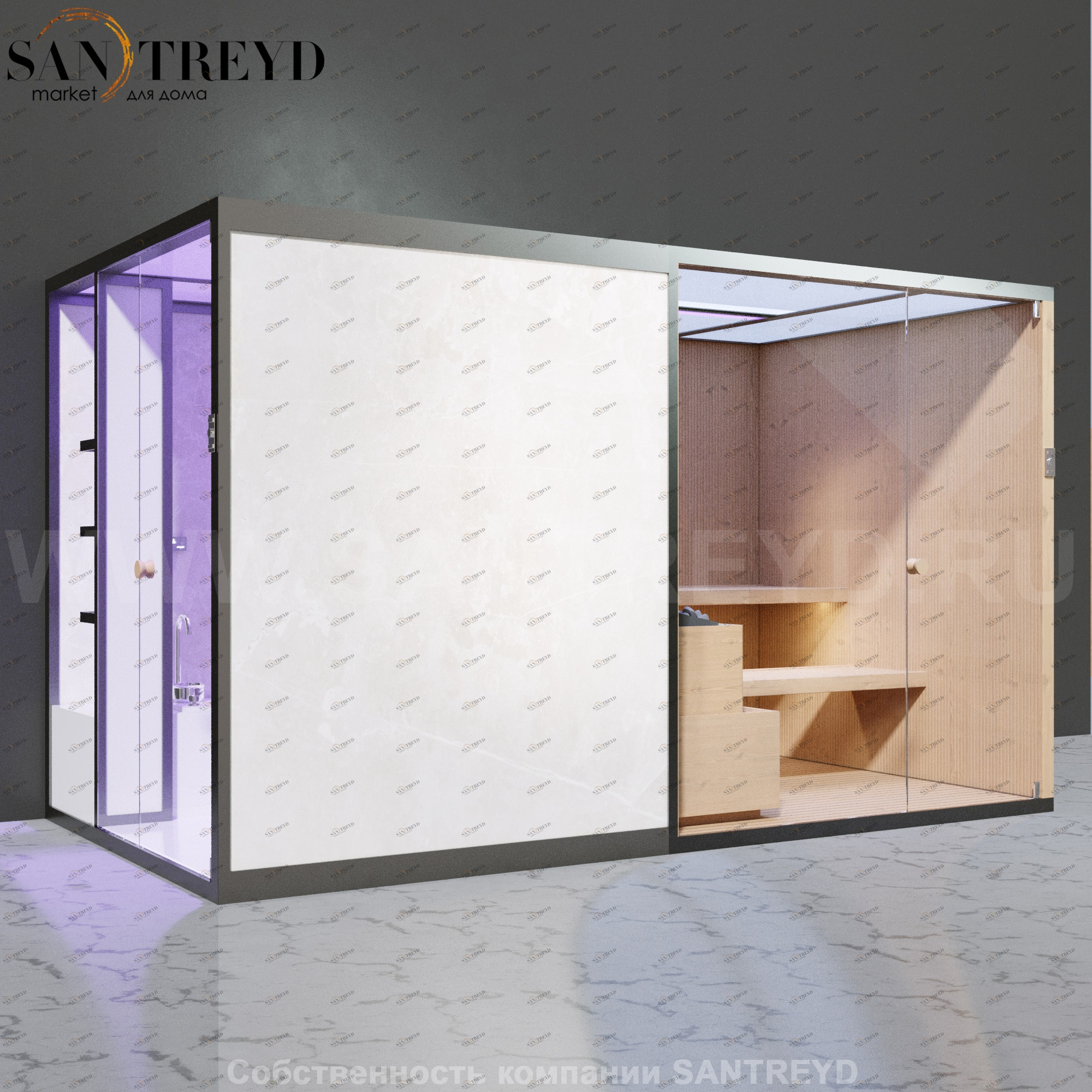 Effegibi BODYLOVE SH BL45110008 Боковая комбинированная баня: хаммам и сауна. Установка: к стене. Мощность: 15 кВт макс. Размеры: длина 393 см, ширина 176 см. Отделка: канадский хемлок, светлый керамогранит.