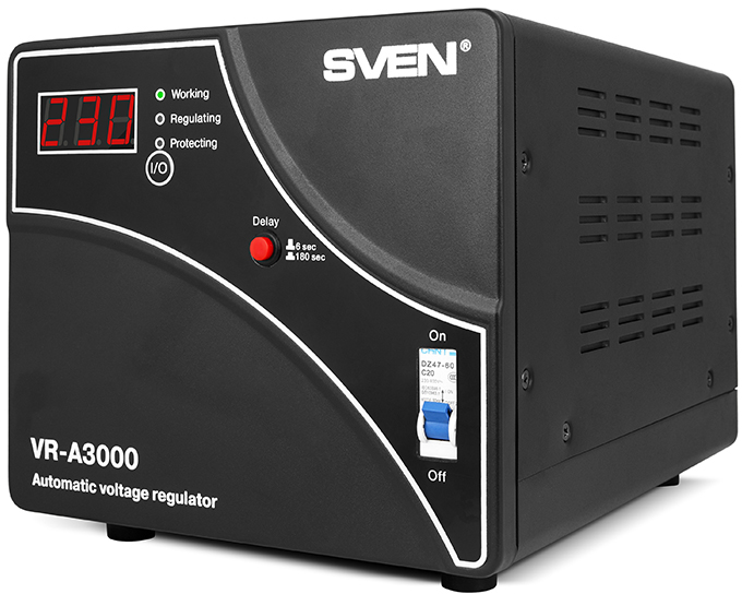 SV-014940 Stabilizer vr-a3000, relay, 3000va, 1800w, 140-275v, output terminals, black, 317 ? 230 ? 240mm, 7.2kg. Sven Santreyd 