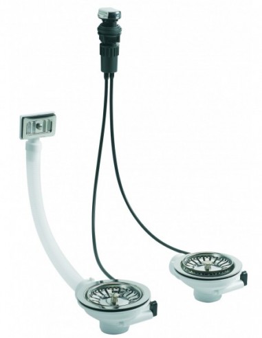 438000 000 00  Сетчатый фильтр для мойки с 2 чашами, автоматический трос с переливом, Д. 90 мм, зажим 0/18 мм, нержавеющая сталь Valentin Сталь  - Вид №1