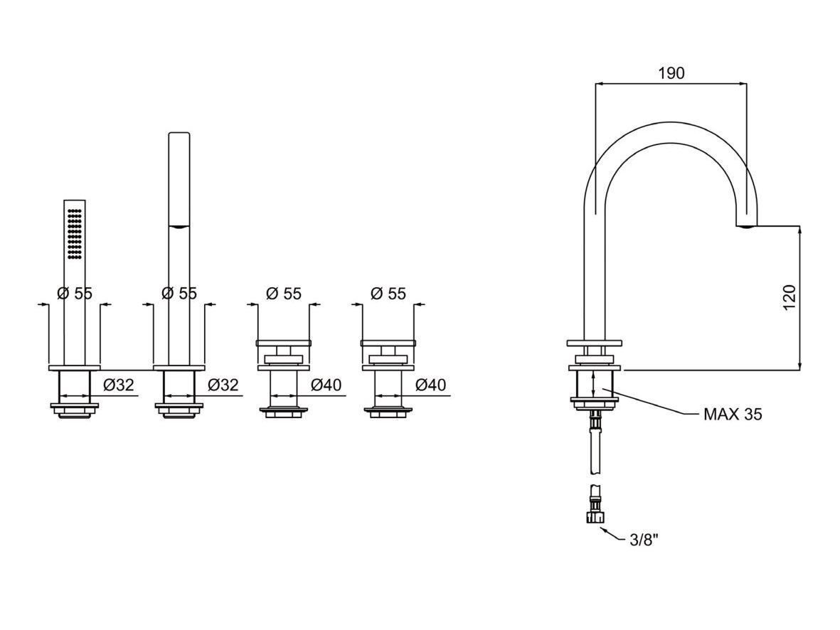 Смеситель для ванны с 4 отверстиями и ручным душем QD Magistro Lab Flora ARCH-00031103 - Вид №2