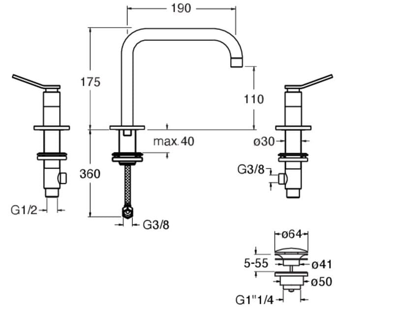 Смеситель для раковины с 3 отверстиями CRISTINA Rubinetterie East Side ARCH-00015977 - Вид №2