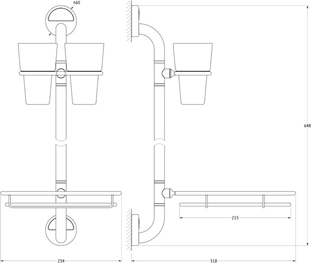 KD-206 C Штанга с 3-мя аксессуарами для ванной 65 cm FBS Luxia - Вид №1