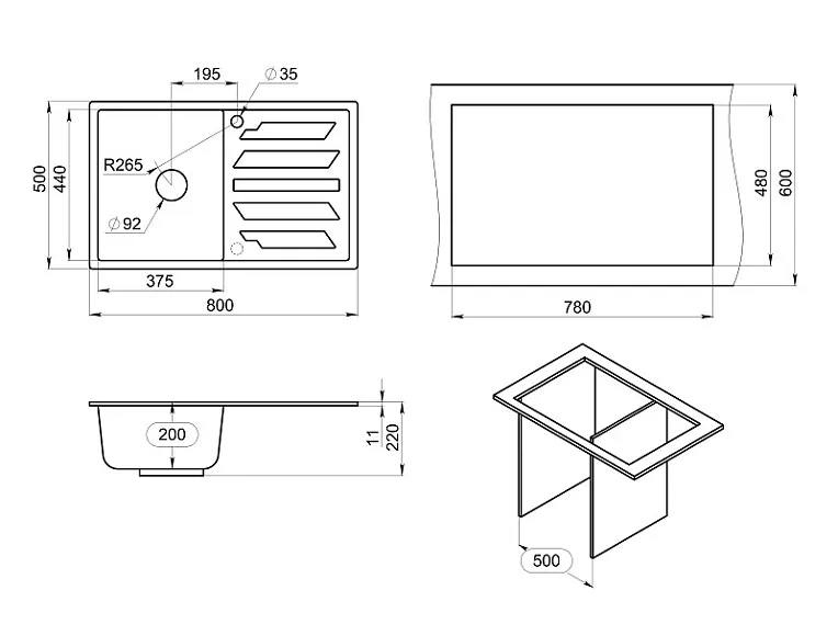 8002, АЛЮМИНИУМ, кухонная мойка, кварц GRANULA 8002-ST221 - Вид №3