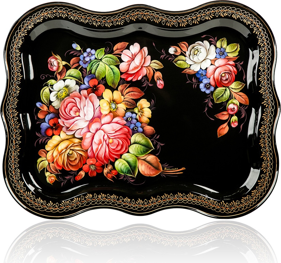 10618054 Жостовская фабрика декоративной росписи Поднос 51х40см НХПР " Каменный букет" Сталь 