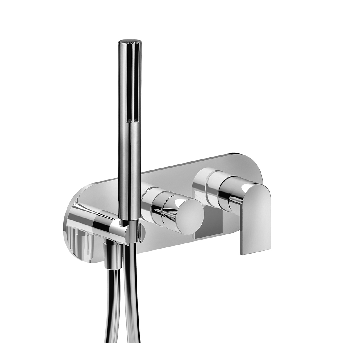 V084B+R084A  Встраиваемый смеситель для душаручка переключатель на 2 потока с поворотной кнопкой ручная лейка SUN шланговое подсоединение с держателем для ручной лейки гибкий шланг 150 см ПВХ впуски 1/2'' Fantini Rubinetti MARE