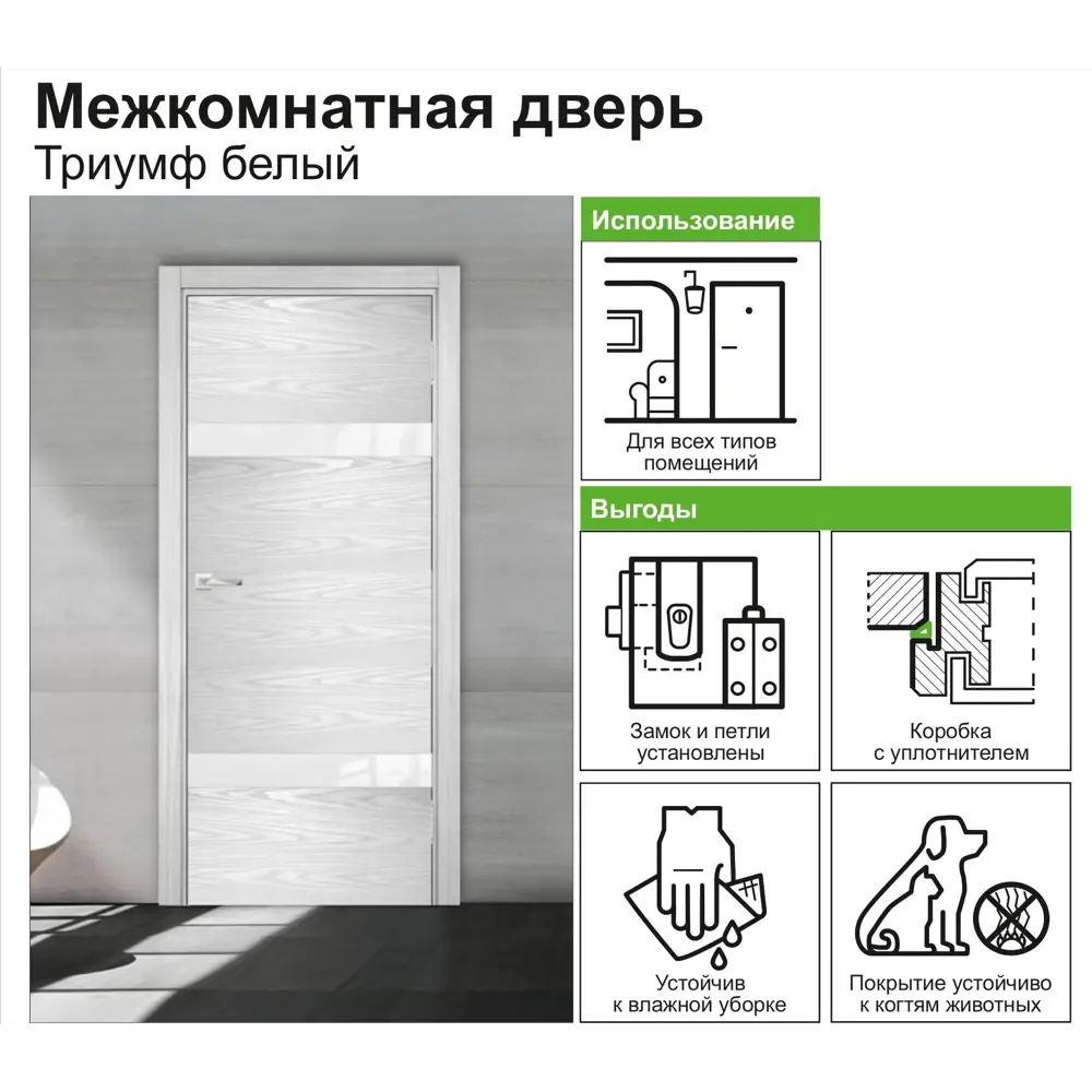 Дверь межкомнатная остеклённая с замком в комплекте Триумф 200x90 см ПВХ цвет белый CASAPORTE STLM-2082881 - Вид №1