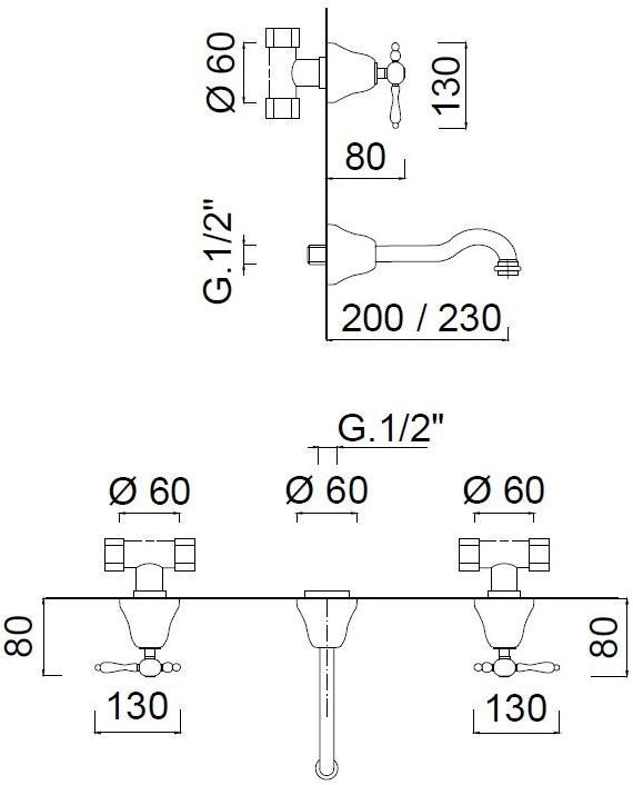 Rubinetteria Giulini Смеситель для умывальника настенный на 3 отверстия Classic revolution - praga F7522ce - Вид №1