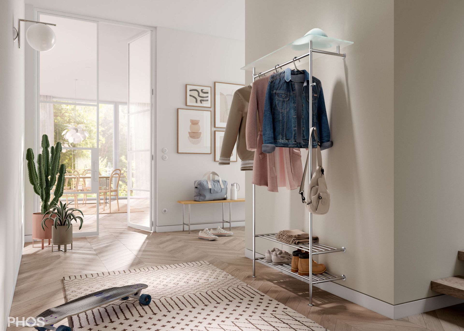 GL2G-SR600 Шкаф для прихожей со стеклянной полкой и двухуровневыми полками для обуви PHOS  - Вид №4