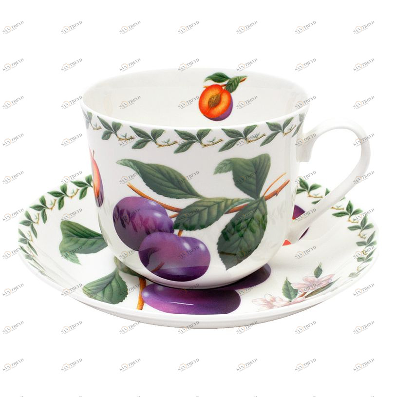 Чашка фарфоровая с блюдцем белая с фиолетовым в подарочной упаковке "Слива" MAXWELL & WILLIAMS ФРУКТОВЫЙ САД 00-3946864 Белый;фиолетовый 