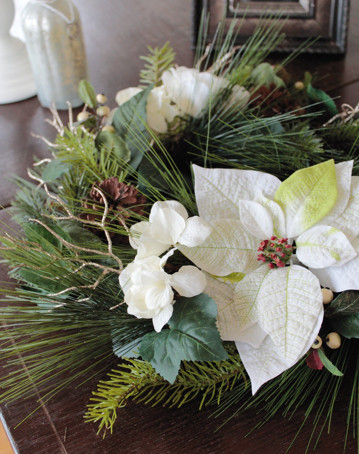 1455 778 a3 Искусственный венок 'пуансеттия / роза / гортензия / ель', Ø 50 см, бежево-белый H-andreas  - Вид №4