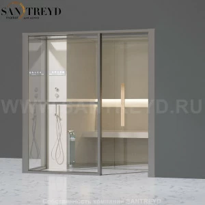 Effegibi LOGICAFILO H LO31010008 Хаммам. Установка: в правый угол. Левая дверь. Мощность: 4,5 кВт макс. Размеры: длина 214 см, ширина 250 см. Отделка: матовый лакированный серый аллюминий и бежевый ламинат из керамогранита.