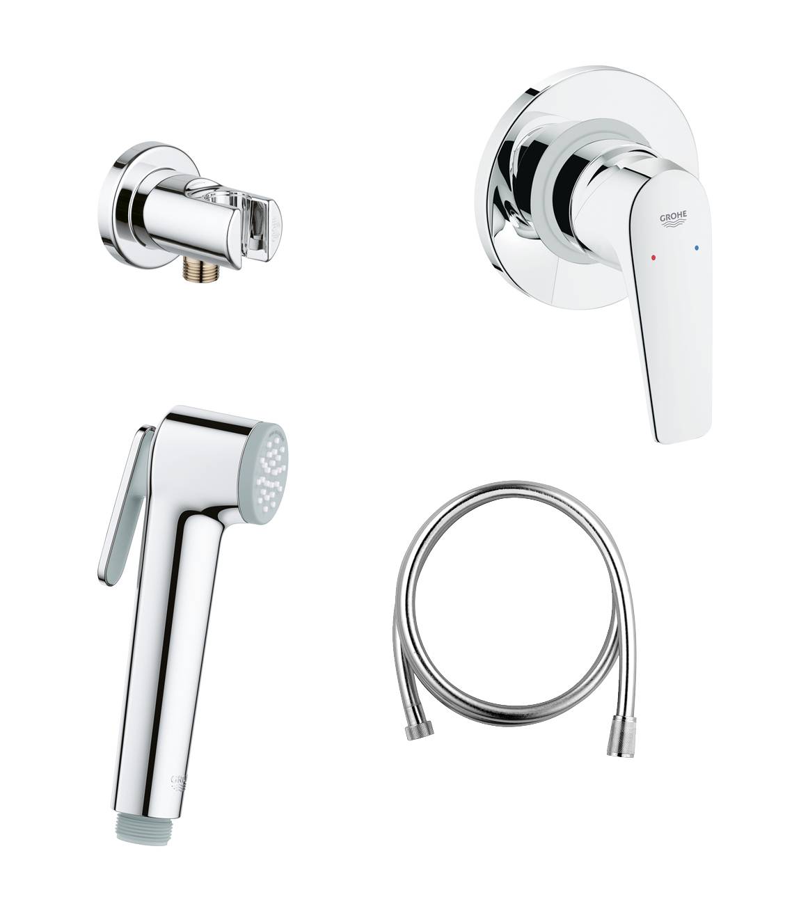 Готовый комплект для гигиенического душа GROHE BauFlow: встраиваемый смеситель, гигиенический душ со шлангом и держателем, хром (124900)
