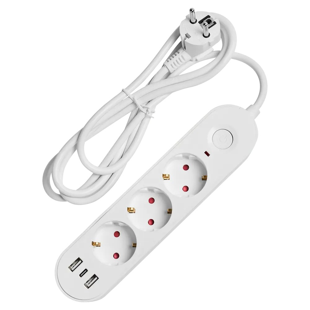 Удлинитель бытовой Skybeam 3x1 2 м 3 розетки с заземлением 3680 Вт с USB и выключателем цвет белый STLM-2183726