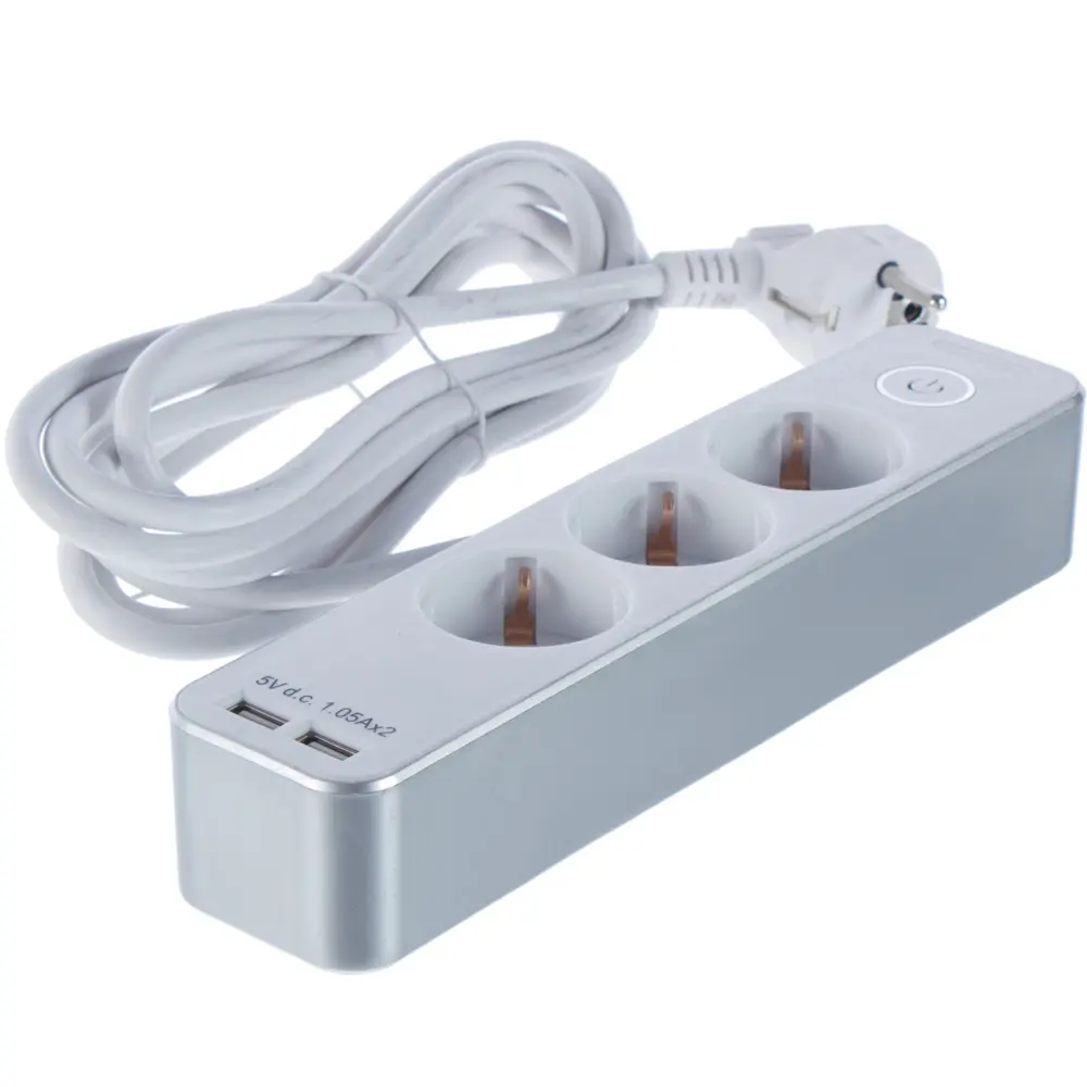 Удлинитель с заземлением Duwi 3 розетки со шторками, 3x1.5мм2, 3 м, выключатель, 2 USB, цвет белый/серебристый STLM-2073708 - Вид №1