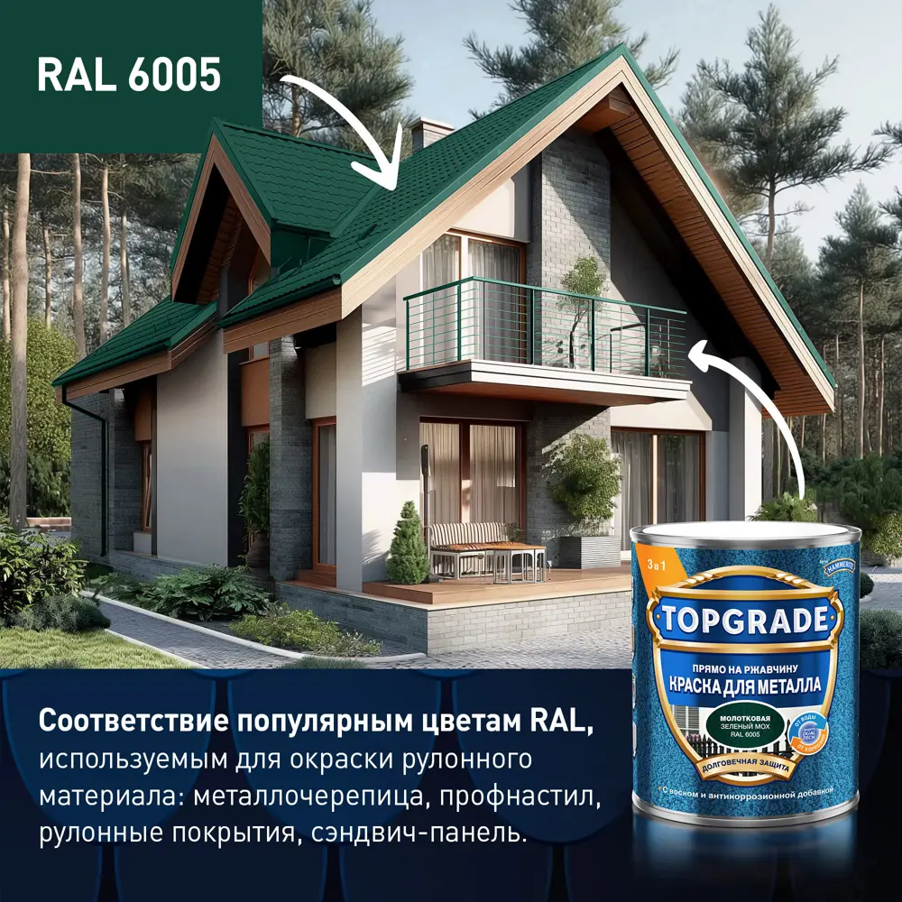 Грунт-эмаль по металлу 3 в 1 Topgrade молотковая цвет зеленый мох 0.75 л STLM-2138505 - Вид №3