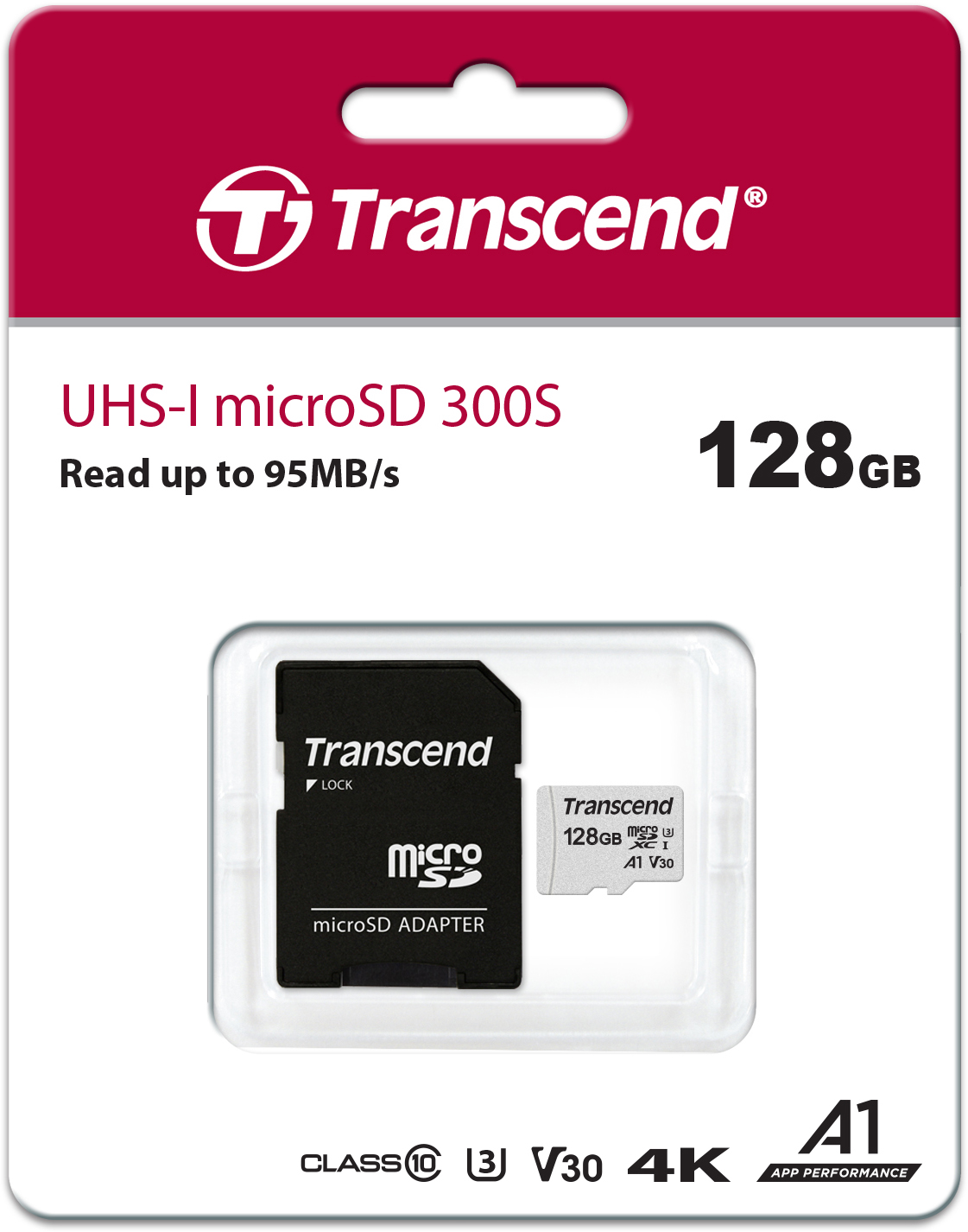 TS128GUSD300S-A 128gb microsdxc class 10 uhs-i u1 r95, w45mb/s with sd adapter Transcend Santreyd  - Вид №1