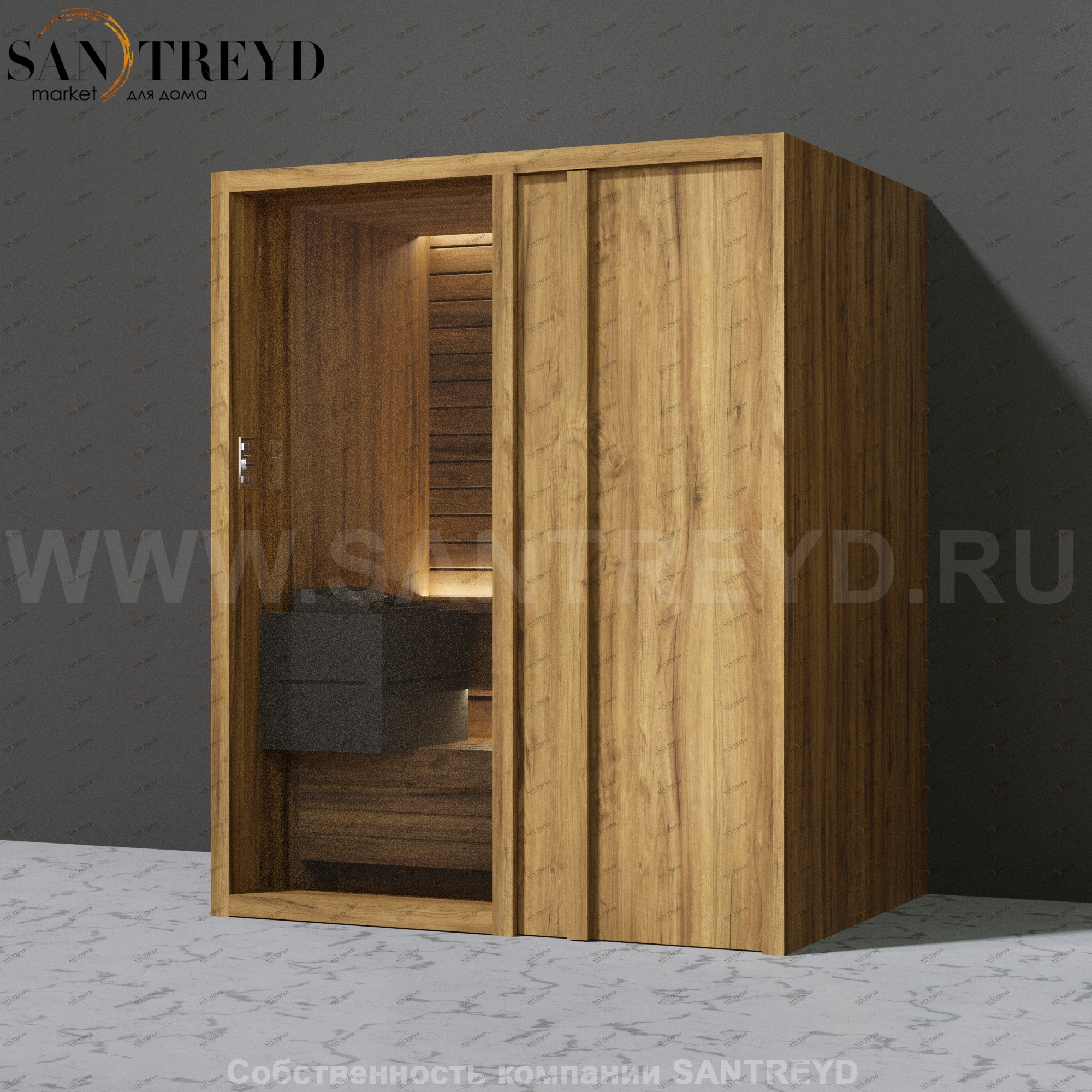 Effegibi YOKU.D45 SA.70200023 Сауна с правой дверью. Мощность: 4,5 кВт макс. Размеры: длина 174 см, ширина 132 см. Отделка: термообработанное дерево SA70200023