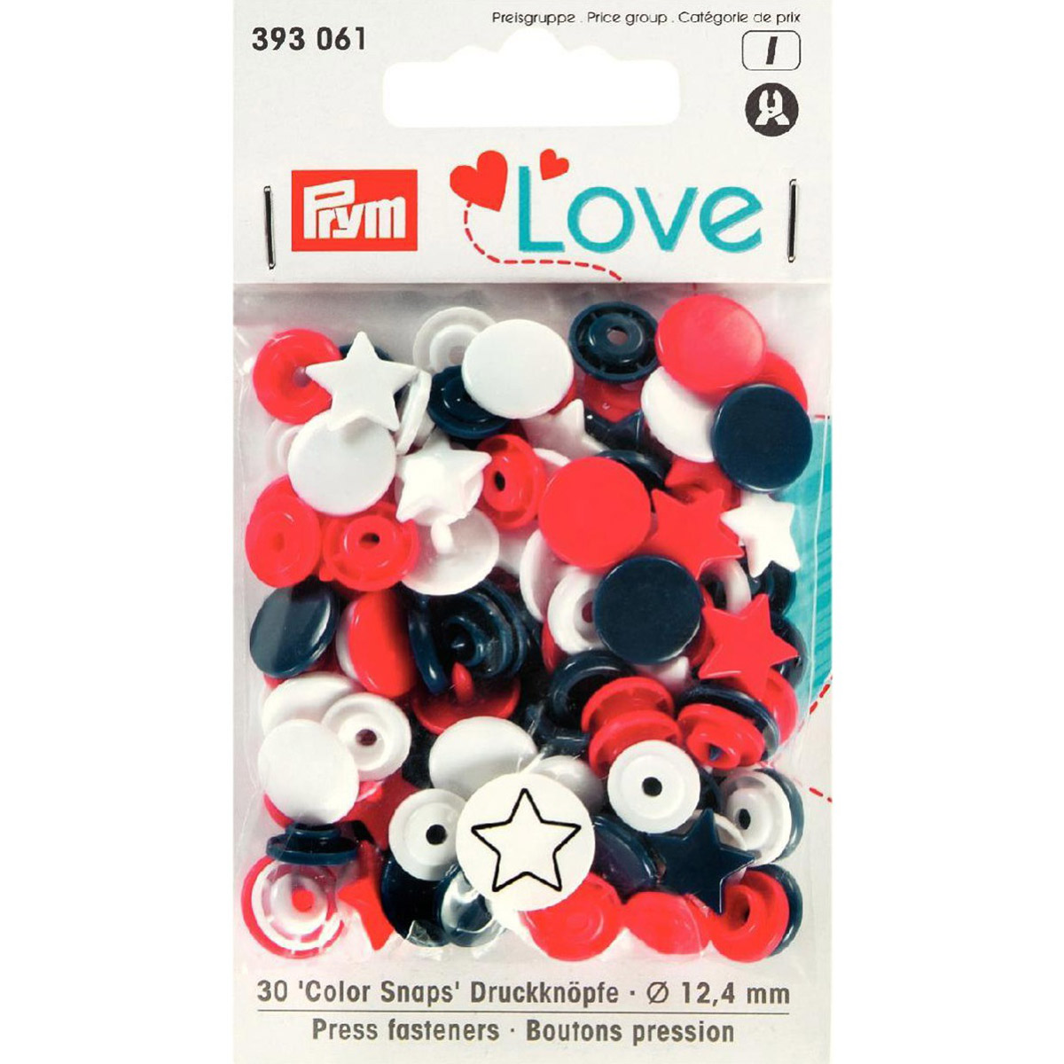393061 Кнопка PL Color Snaps Звезда пластик d 12.4 мм 30 шт. красные/белые/синие PRYM Prym Love 