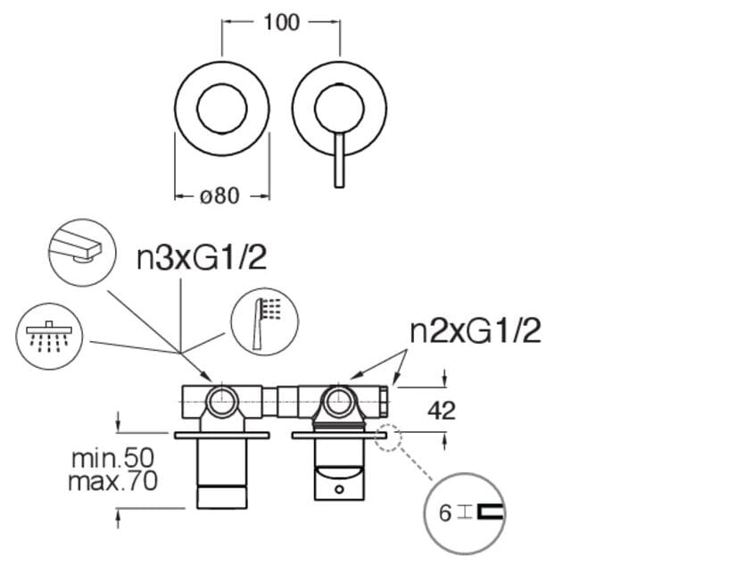 Однорычажный смеситель для душа с 2 отверстиями и переключателем CRISTINA Rubinetterie Phi ARCH-00133180 - Вид №2